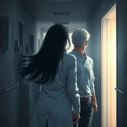A poignant scene depicting a female doctor with flowing black hair, dressed in a white lab coat, guiding her male patient who has striking pearly white hair