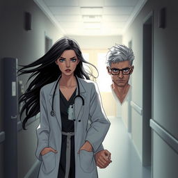 A poignant scene depicting a female doctor with flowing black hair, dressed in a white lab coat, guiding her male patient who has striking pearly white hair
