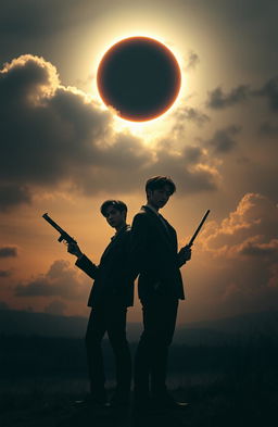 A dark and eerie scene capturing two handsome Korean men resembling Jimin