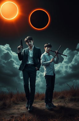 A dark and eerie scene capturing two handsome Korean men resembling Jimin