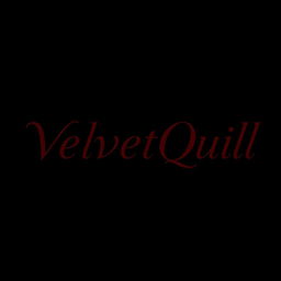 The name 'VelvetQuill' is elegantly displayed in a rich dark red color against a deep black background