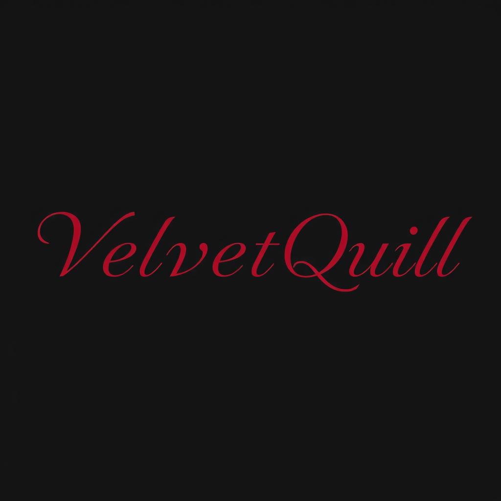 The name 'VelvetQuill' is elegantly displayed in a rich dark red color against a deep black background