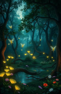 A mystical forest during twilight, with glowing bioluminescent plants and enchanting fairies dancing among the trees