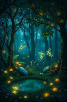 A mystical forest during twilight, with glowing bioluminescent plants and enchanting fairies dancing among the trees