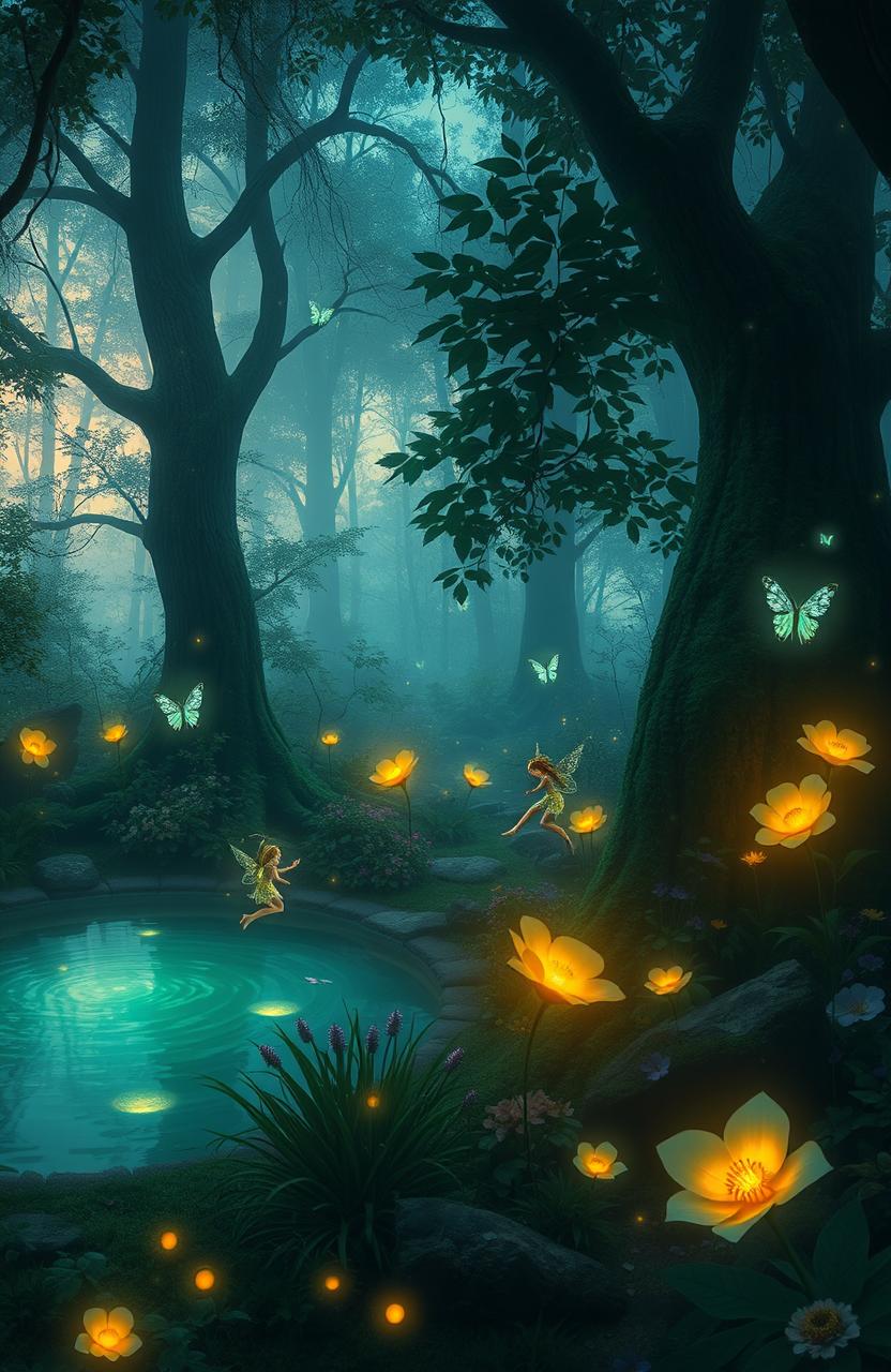 A mystical forest during twilight, with glowing bioluminescent plants and enchanting fairies dancing among the trees