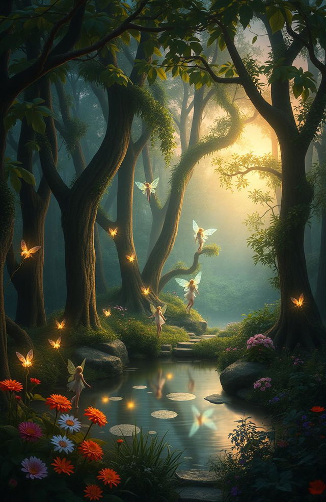 A mystical forest during twilight, with glowing bioluminescent plants and enchanting fairies dancing among the trees