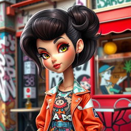 A female figure with an oversized head and alluring features, showcasing a beautifully styled hairdo