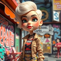A female figure with an oversized head and alluring features, showcasing a beautifully styled hairdo