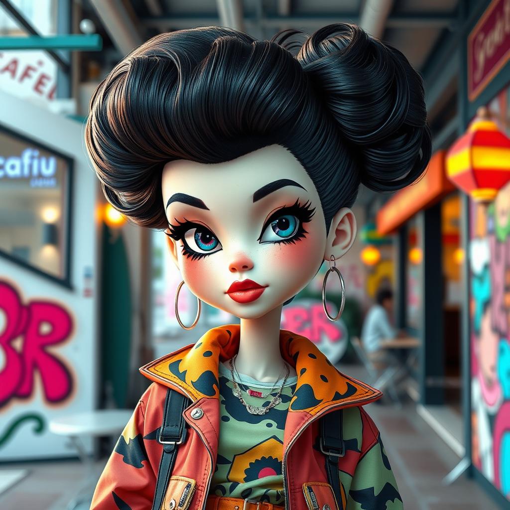 A female figure with an oversized head and alluring features, showcasing a beautifully styled hairdo