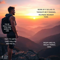An inspiring scene that embodies motivation and purpose, showcasing a determined athlete standing at the peak of a mountain during sunrise