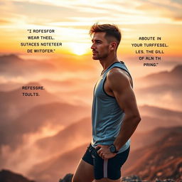 An inspiring scene that embodies motivation and purpose, showcasing a determined athlete standing at the peak of a mountain during sunrise