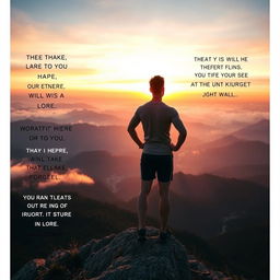An inspiring scene that embodies motivation and purpose, showcasing a determined athlete standing at the peak of a mountain during sunrise