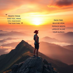 An inspiring scene that embodies motivation and purpose, showcasing a determined athlete standing at the peak of a mountain during sunrise