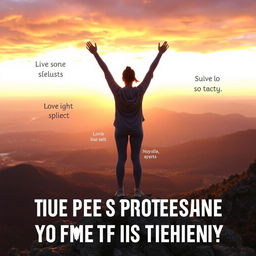 An inspiring scene that represents motivation and purpose, featuring a person standing triumphantly on a mountaintop at sunrise