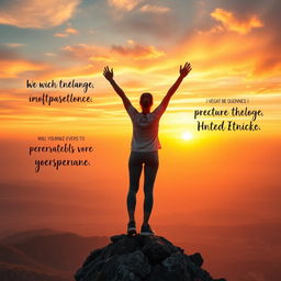 An inspiring scene that represents motivation and purpose, featuring a person standing triumphantly on a mountaintop at sunrise