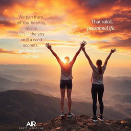 An inspiring scene that represents motivation and purpose, featuring a person standing triumphantly on a mountaintop at sunrise