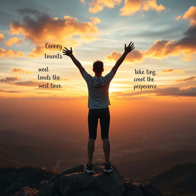 An inspiring scene that represents motivation and purpose, featuring a person standing triumphantly on a mountaintop at sunrise