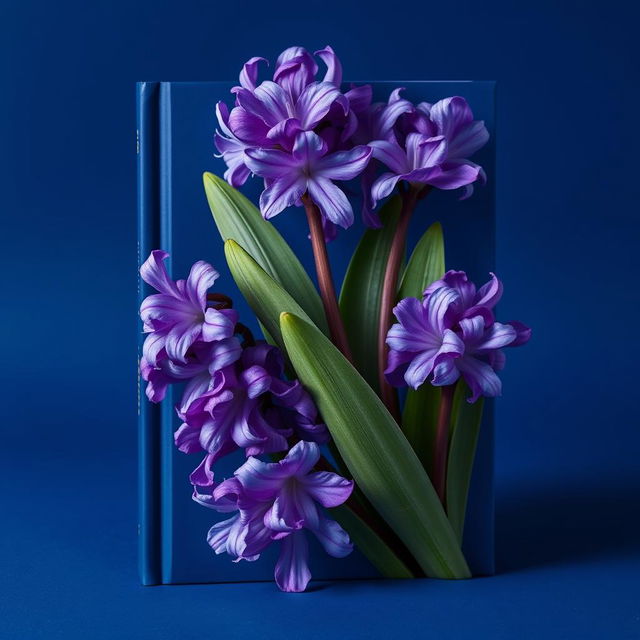 A captivating book cover design featuring exquisite water hyacinth flowers contrasted against a deep blue background