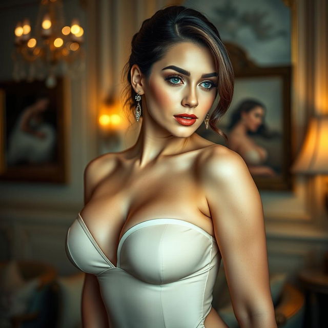 A captivating image of a woman with large breasts, elegantly posed to emphasize her figure