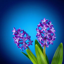 A visually striking composition featuring vibrant water hyacinth flowers set against a deep blue gradient backdrop
