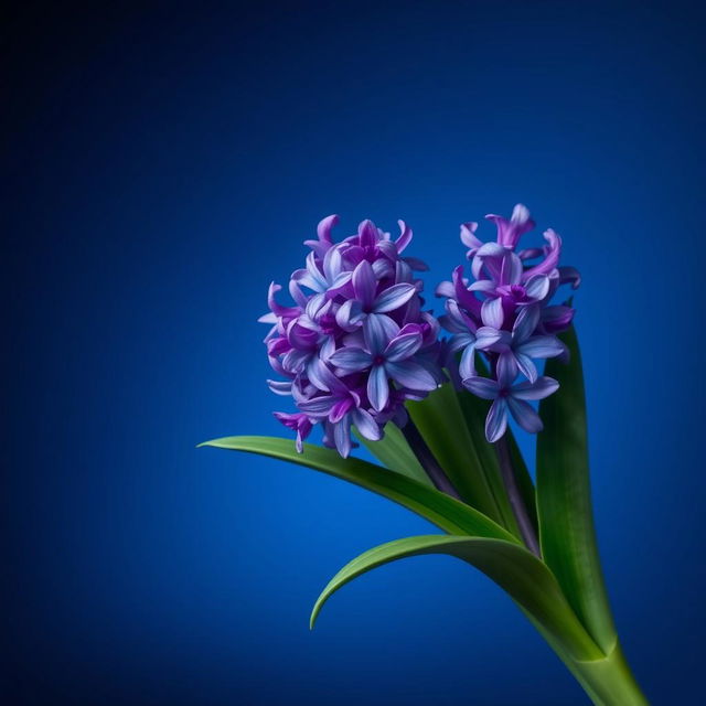 A visually striking composition featuring vibrant water hyacinth flowers set against a deep blue gradient backdrop