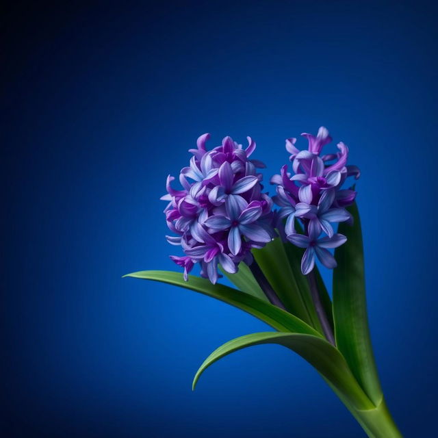 A visually striking composition featuring vibrant water hyacinth flowers set against a deep blue gradient backdrop