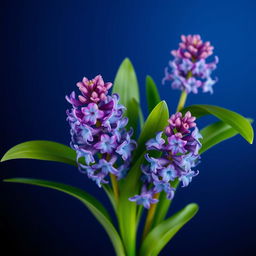 A visually striking composition featuring vibrant water hyacinth flowers set against a deep blue gradient backdrop