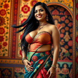A tall, voluptuous Indian woman with large breasts, wearing a traditional outfit that accentuates her figure
