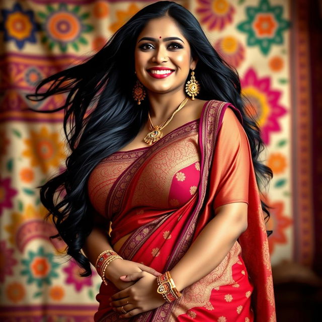 A tall, voluptuous Indian woman with large breasts, wearing a traditional outfit that accentuates her figure