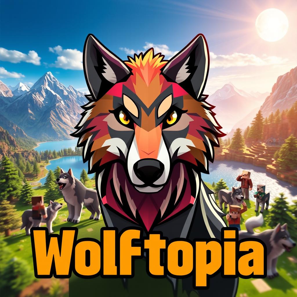 A striking thumbnail for a Minecraft SMP named 'Wolftopia', showcasing a stylized wolf avatar at the center, embodying a vibrant and majestic design