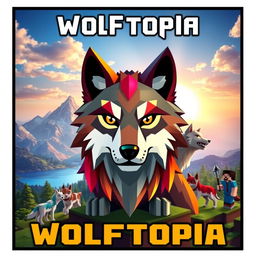 A striking thumbnail for a Minecraft SMP named 'Wolftopia', showcasing a stylized wolf avatar at the center, embodying a vibrant and majestic design