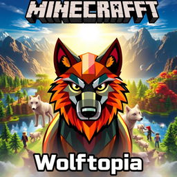 A striking thumbnail for a Minecraft SMP named 'Wolftopia', showcasing a stylized wolf avatar at the center, embodying a vibrant and majestic design