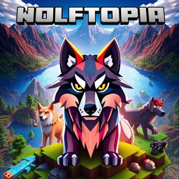 A striking thumbnail for a Minecraft SMP named 'Wolftopia', showcasing a stylized wolf avatar at the center, embodying a vibrant and majestic design