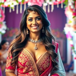 A beautiful tall Indian bride in a stunning traditional wedding outfit featuring intricate embroidery and rich colors