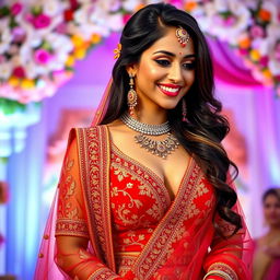A beautiful tall Indian bride in a stunning traditional wedding outfit featuring intricate embroidery and rich colors