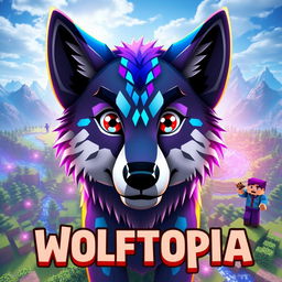 An engaging and colorful thumbnail designed for a Minecraft SMP named 'Wolftopia', featuring a unique wolf avatar prominently in the center