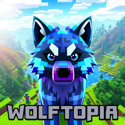 An engaging and colorful thumbnail designed for a Minecraft SMP named 'Wolftopia', featuring a unique wolf avatar prominently in the center