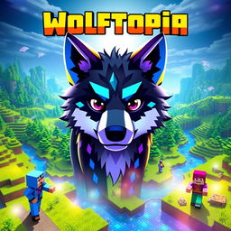 An engaging and colorful thumbnail designed for a Minecraft SMP named 'Wolftopia', featuring a unique wolf avatar prominently in the center