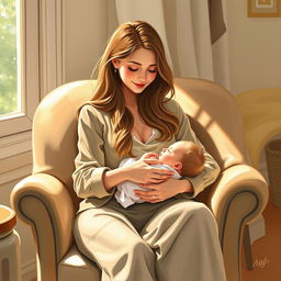 A serene scene of a mother lovingly breastfeeding her baby, surrounded by a warm and cozy environment
