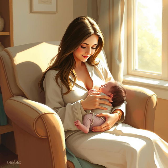 A serene scene of a mother lovingly breastfeeding her baby, surrounded by a warm and cozy environment