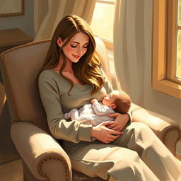 A serene scene of a mother lovingly breastfeeding her baby, surrounded by a warm and cozy environment