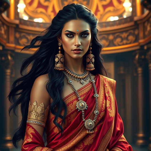 A tall, beautiful ancient Indian queen, exuding elegance and confidence, adorned in luxurious traditional silk attire embellished with intricate gold embroidery