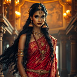 A tall, beautiful ancient Indian queen, exuding elegance and confidence, adorned in luxurious traditional silk attire embellished with intricate gold embroidery