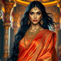A tall, beautiful ancient Indian queen, exuding elegance and confidence, adorned in luxurious traditional silk attire embellished with intricate gold embroidery
