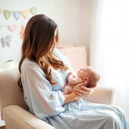 A serene and intimate scene of a mother breastfeeding her infant in a softly lit room