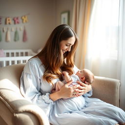 A serene and intimate scene of a mother breastfeeding her infant in a softly lit room