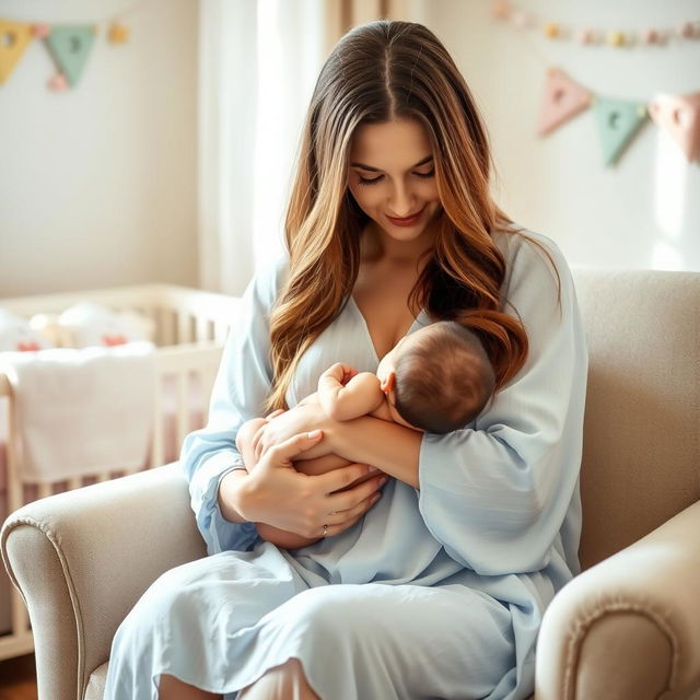 A serene and intimate scene of a mother breastfeeding her infant in a softly lit room