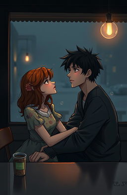 A romantic yet melancholic scene depicting two characters in an intimate but complicated situation