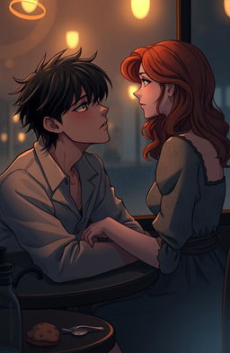 A romantic yet melancholic scene depicting two characters in an intimate but complicated situation