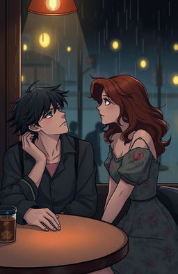 A romantic yet melancholic scene depicting two characters in an intimate but complicated situation